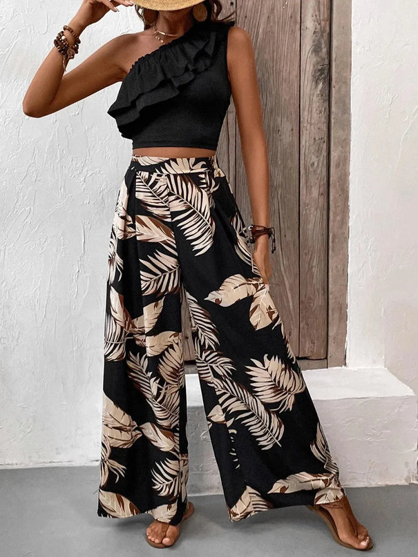 Honey Ruffled Sleeveless Blouse and Patterned Trousers Set