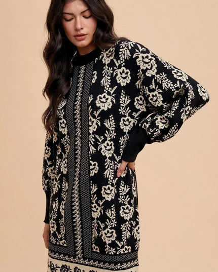 Annie Wear Floral Jacquard Round Neck Sweater Dress