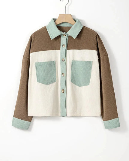 Pocketed Color Block Collared Neck Jacket - ShopEasier