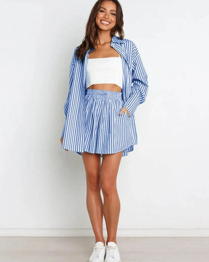 Striped Short Sleeve Button-Up Shirt and Shorts Combo Set