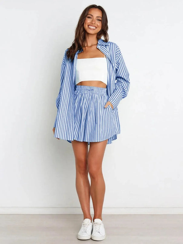 Striped Short Sleeve Button-Up Shirt and Shorts Combo Set