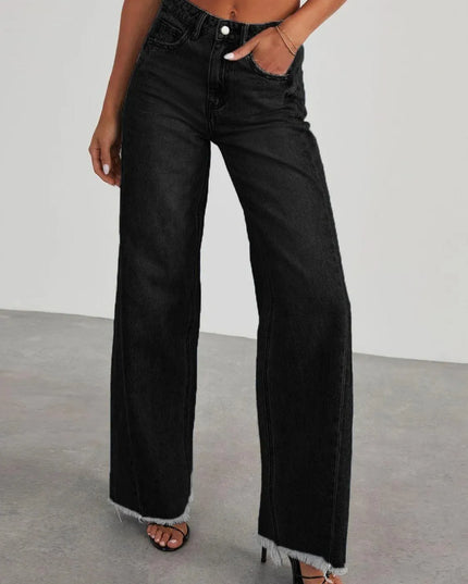 Raw Hem Wide Leg Jeans with Pockets - ShopEasier