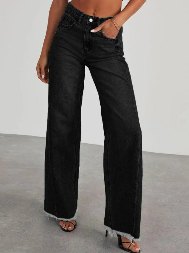 Raw Hem Wide Leg Jeans with Pockets - ShopEasier