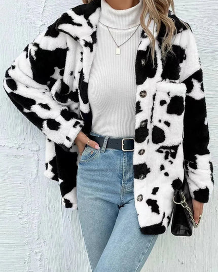 Cow Print Collared Neck Button Up Fuzzy Jacket - ShopEasier