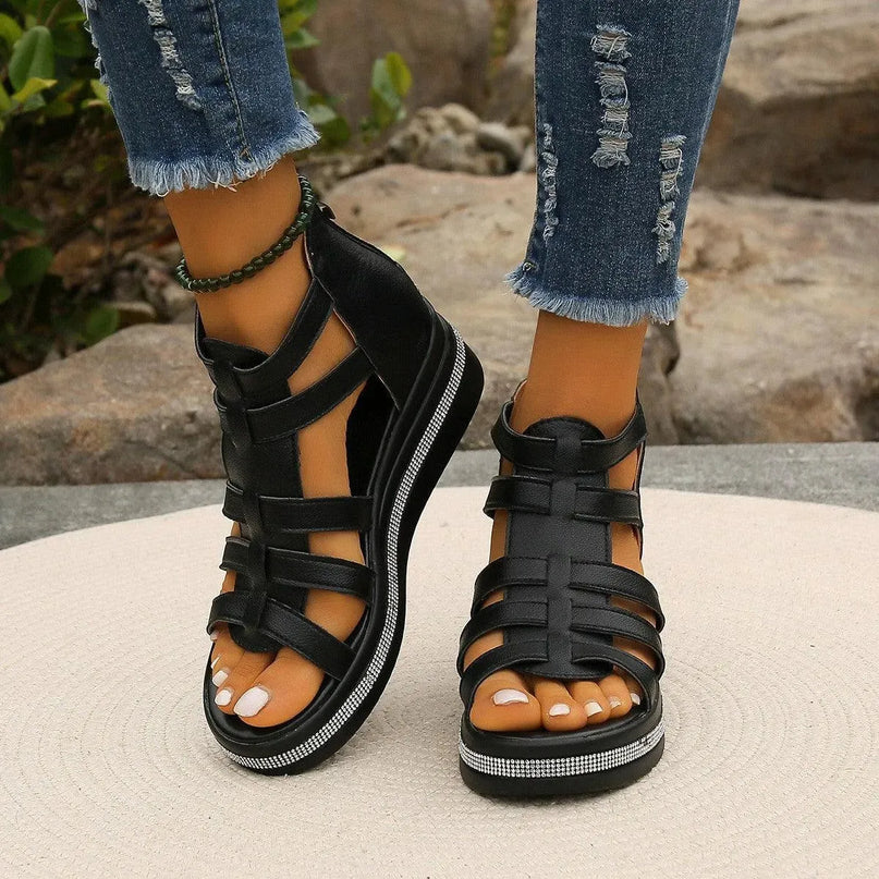 Sparkling Cutout Wedge Sandals with Rhinestone Trim