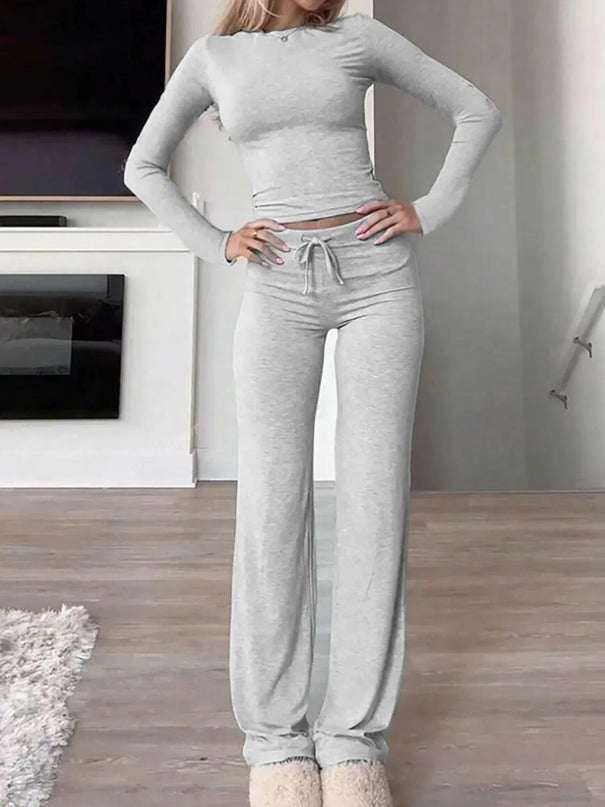 Casual Two-Piece Long Sleeve Top and Drawstring Pant Set