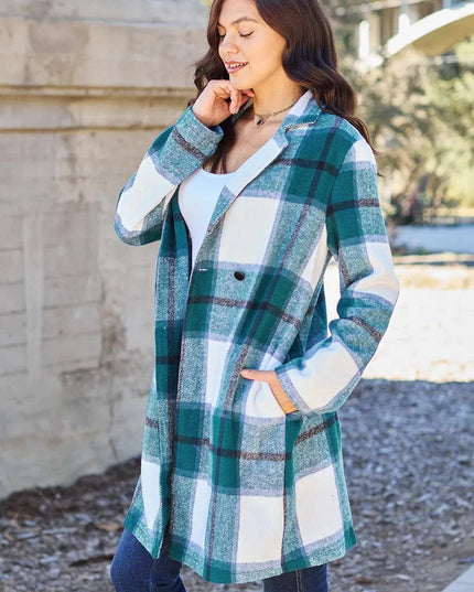 Plaid Button-Up Lapel Coat with Pockets - Full Size Double Take Design