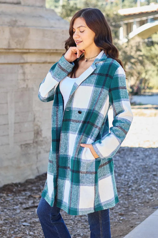 Plaid Button-Up Lapel Coat with Pockets - Full Size Double Take Design