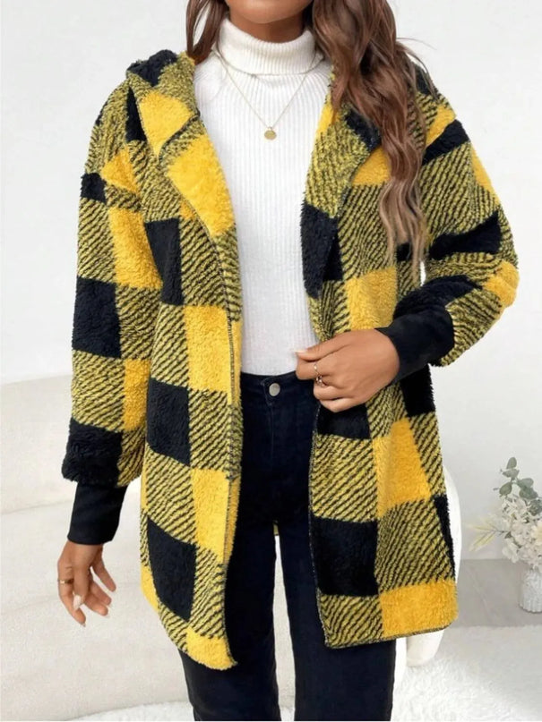 Plaid Long Sleeve Hooded Coat - ShopEasier