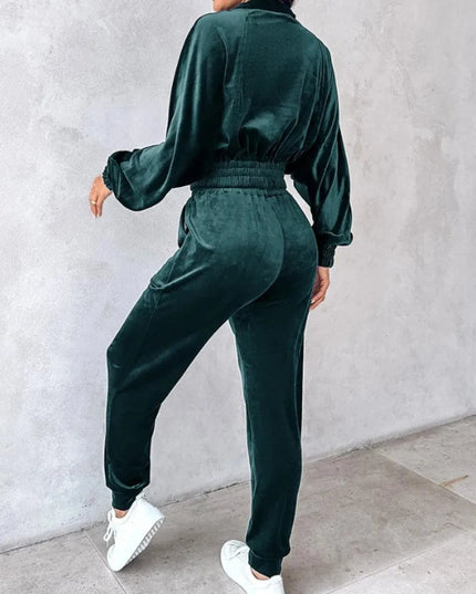 Zip Up Long Sleeve Cropped Top and Joggers Set - ShopEasier