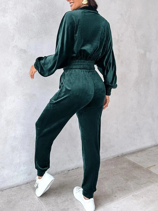 Zip Up Long Sleeve Cropped Top and Joggers Set - ShopEasier