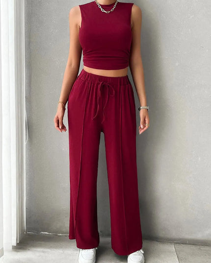 Devine Mock Neck Sleeveless Top and Drawstring Pants Set - ShopEasier