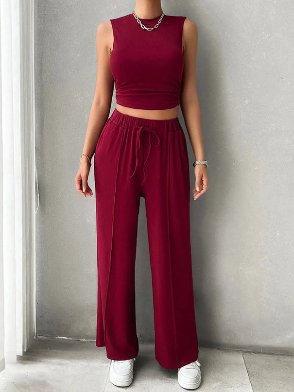 Devine Mock Neck Sleeveless Top and Drawstring Pants Set - ShopEasier