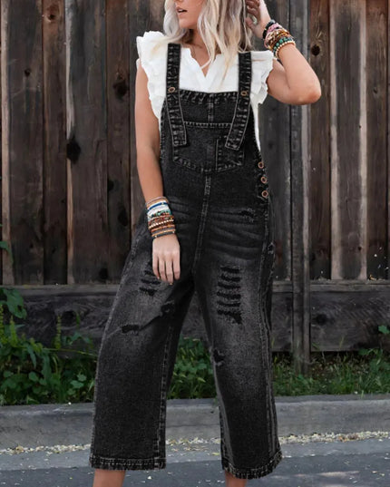 Distressed Wide Strap Denim Overalls - ShopEasier