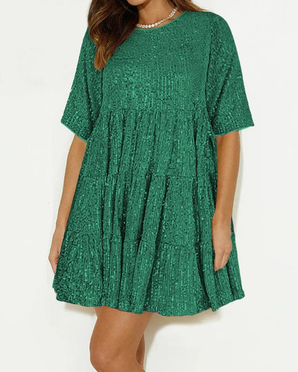 Sequin Round Neck Half Sleeve Mini Dress