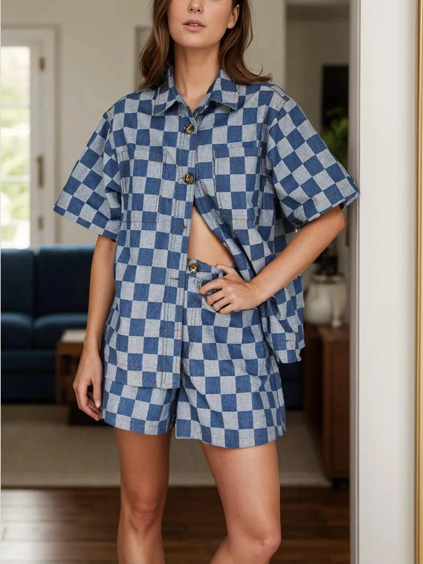 Plaid Button-Up Short Sleeve Top and Shorts Ensemble