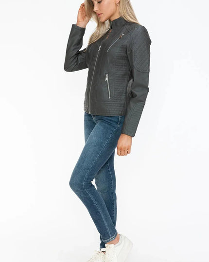 Snobbish Faux Leather Zip Up Mock Neck Jacket - ShopEasier