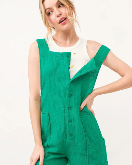 And The Why Button Up Tie Back Sleeveless Romper - ShopEasier