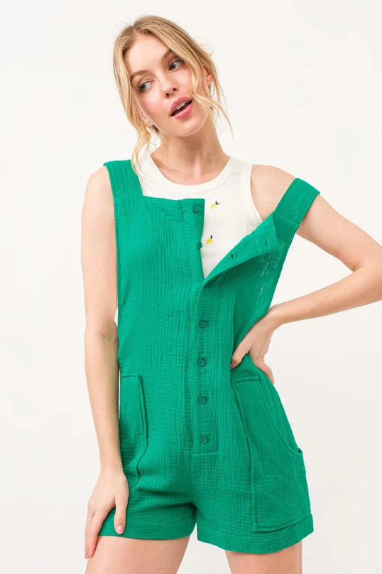 And The Why Button Up Tie Back Sleeveless Romper - ShopEasier