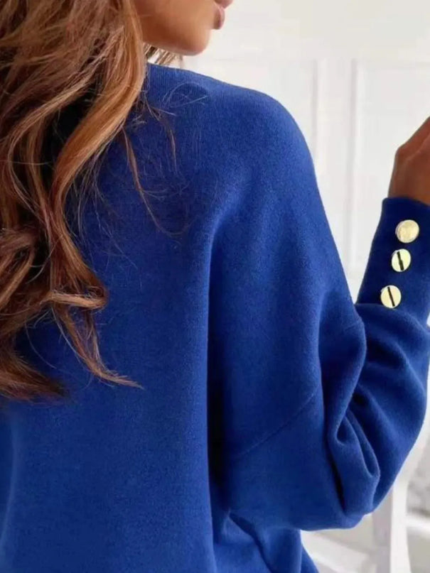 V-Neck Button-Detail Long Sleeve Pullover