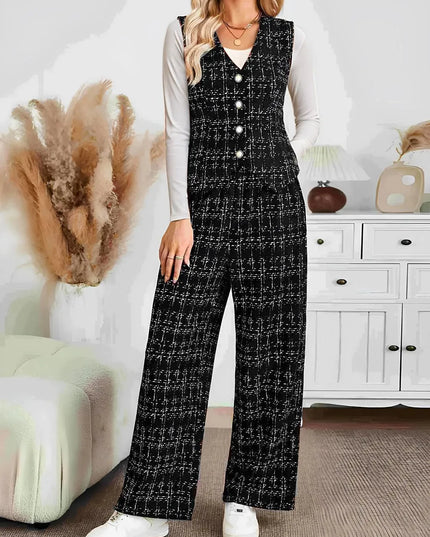 Plaid V-Neck Button-Up Vest and Trousers Ensemble