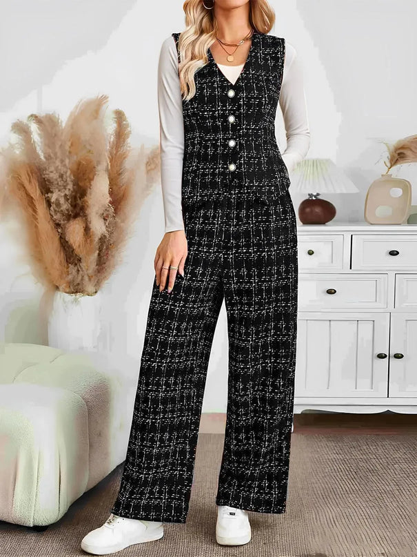 Plaid V-Neck Button-Up Vest and Trousers Ensemble