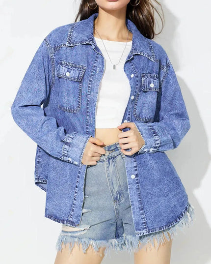 Curved Hem Collared Neck Denim Top - ShopEasier