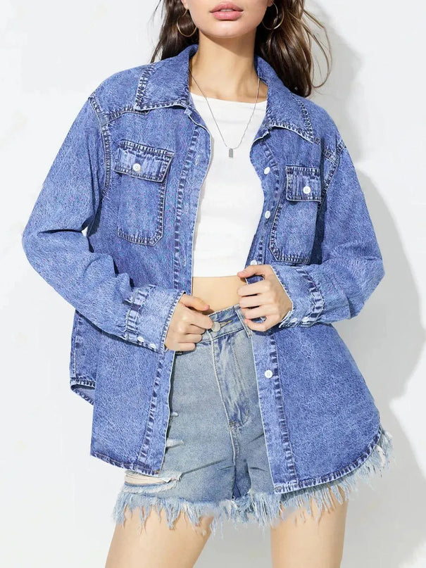 Curved Hem Collared Neck Denim Top - ShopEasier