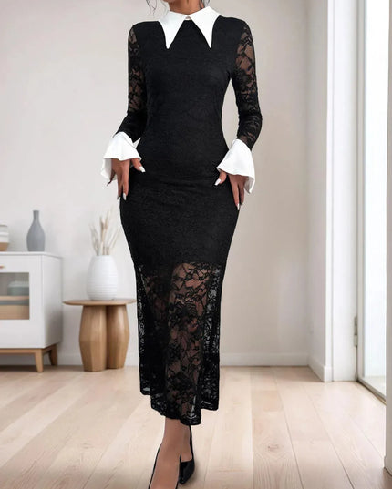 Perfee Lace Contrast Collared Neck Long Sleeve Midi Dress - ShopEasier