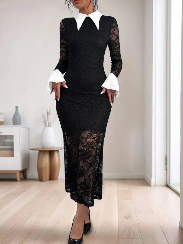 Perfee Lace Contrast Collared Neck Long Sleeve Midi Dress - ShopEasier