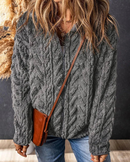 Fuzzy Zip Up Long Sleeve Jacket - ShopEasier