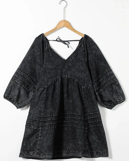 V-Neck Three Quarter Sleeve Denim Dress - ShopEasier