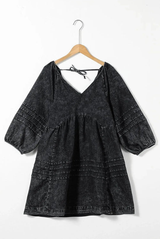 V-Neck Three Quarter Sleeve Denim Dress - ShopEasier