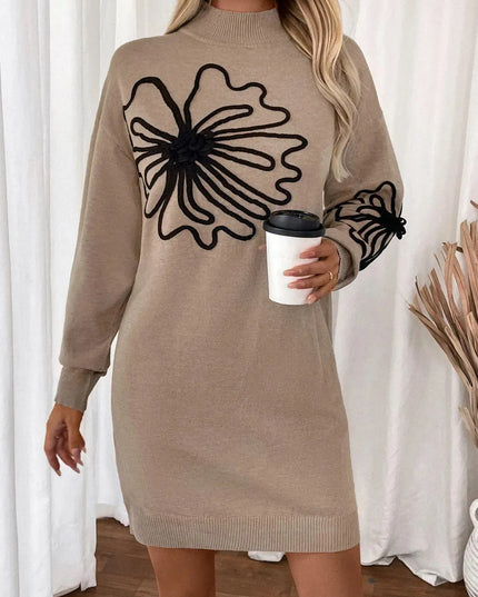 Perfee Flower Mock Neck Long Sleeve Sweater Dress