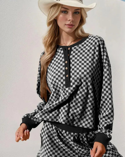 Chic Dual Checkered Half Button Top and Shorts Ensemble