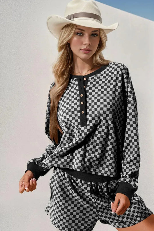 Chic Dual Checkered Half Button Top and Shorts Ensemble