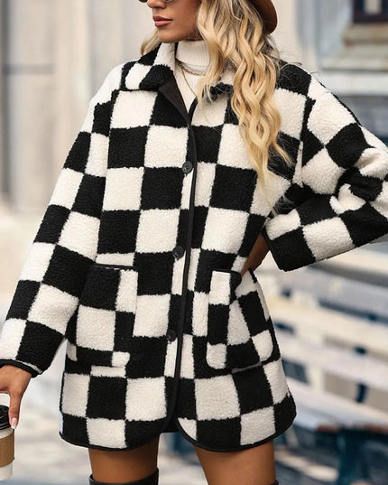 Plaid Elegance Full Length Button-Up Coat with Functional Pockets