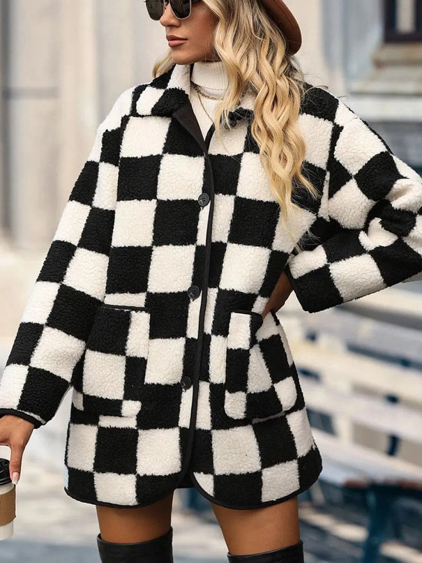 Plaid Elegance Full Length Button-Up Coat with Functional Pockets