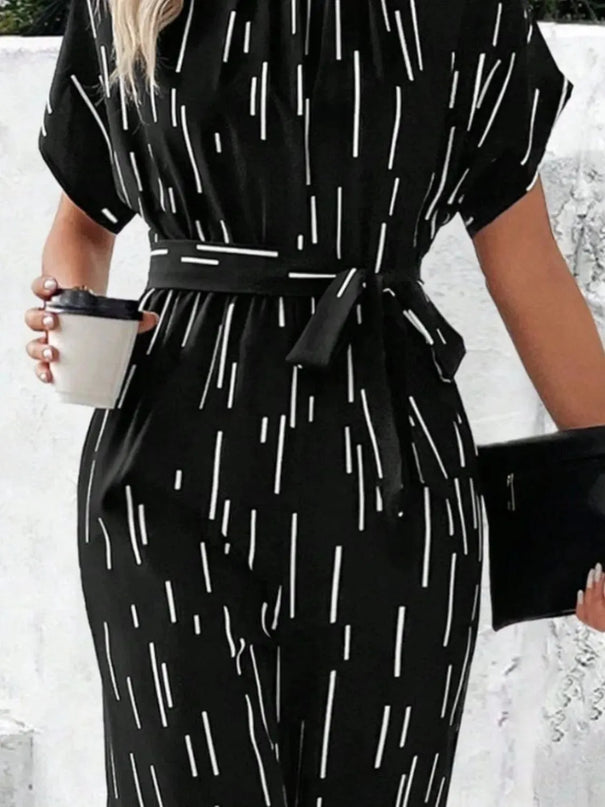 Tied Printed Mock Neck Wide Leg Jumpsuit - ShopEasier