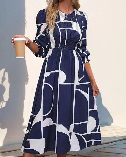 Perfee Smocked Color Block Long Sleeve Midi Dress - ShopEasier