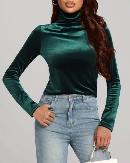 Sleek Solid Color Turtleneck Long Sleeve Top