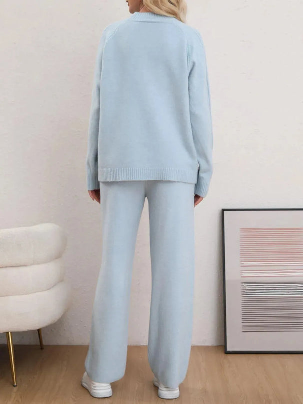 Mock Neck Long Sleeve Top and Pants Sweater Set - ShopEasier