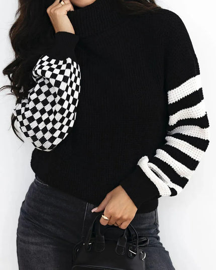 Colorful Striped Checkered Turtleneck Oversized Sweater