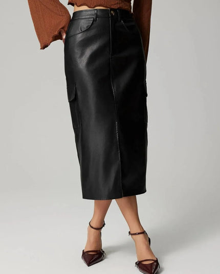 Button-Down Pocketed Slit Midi Skirt