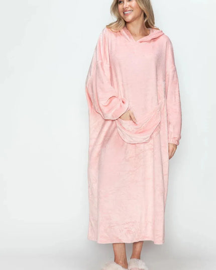 Double Take Full Size Pocketed Hooded Midi Lounge Dress