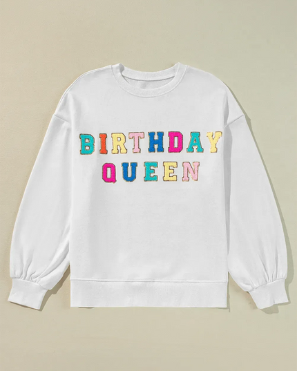 BIRTHDAY QUEEN Sequin Round Neck Long Sleeve Sweatshirt - ShopEasier