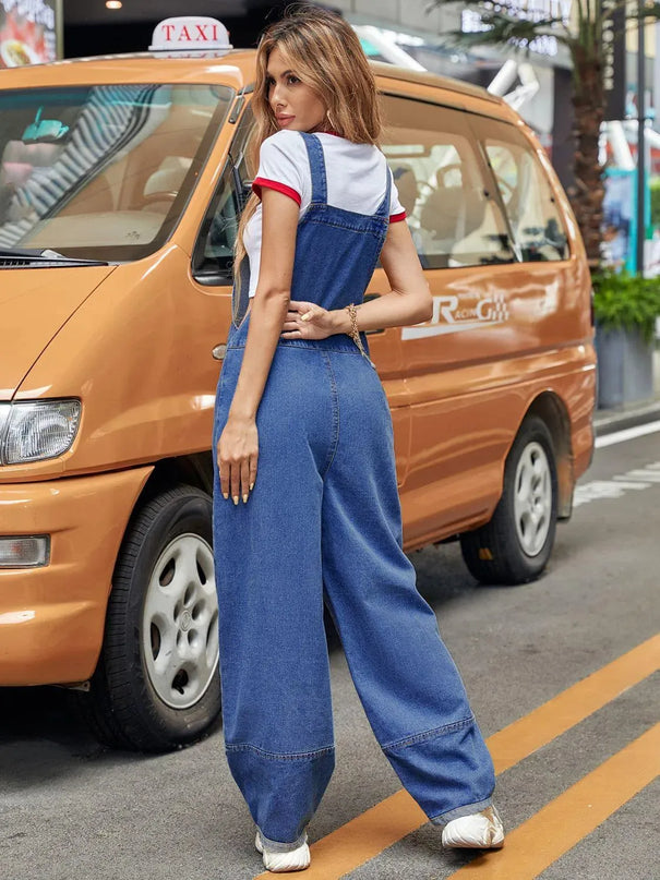 Wide Strap Wide Leg Denim Overalls - ShopEasier