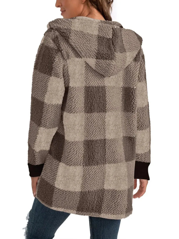 Plaid Long Sleeve Hooded Coat - ShopEasier