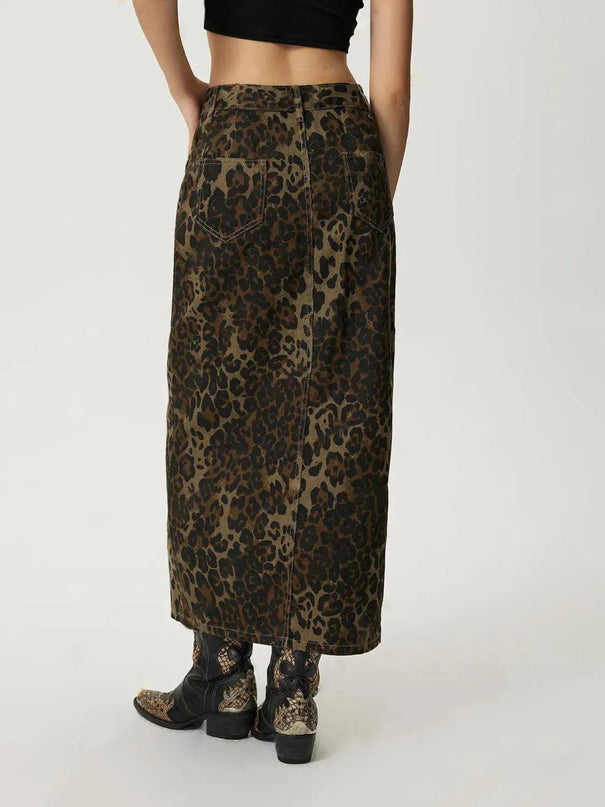 Leopard Button Up Denim Skirt - ShopEasier