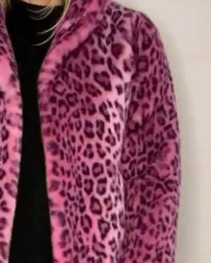 Full Size Leopard Furry Collared Neck Long Sleeve Coat - ShopEasier